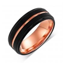 wedding photo - Rose Gold Stepped Edges Tungsten Wedding Band, 8mm Black Copper Middle Line Eternity Wedding Ring, Durable Classic Symmetrical Engraved Band