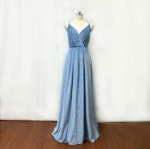 wedding photo - Dusty Blue Velvet Long Bridesmaid Dress with Slit