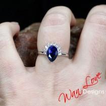 wedding photo - Blue Sapphire Diamond Pear Half Halo Engagement Ring Semi Bezel, 14k 18k White Yellow Rose Gold, Platinum, Custom, Tear Drop
