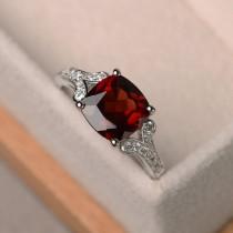 wedding photo - natural garnet ring, cushion cut promise wedding ring, sterling silver ring,red gemstone ring,January birthstone ring
