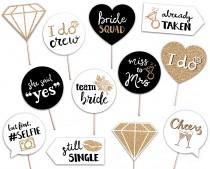 wedding photo - Bridal Shower Printable Photo Booth Props - INSTANT DOWNLOAD - Gold Black and White - 12 Bachelorette Party Signs - Hen Party