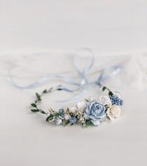 wedding photo - Flower crown, Blue flower crown, Dusty Blue Flower girl crown, wedding Flower crown, Bridal flower crown, Rustic flower crown