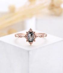 wedding photo - Vintage black rutilated quartz engagement ring oval rose gold ring ,art deco diamond wedding ring unique oval ring, prong set ring, bridal