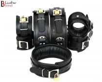 wedding photo - Real Cow Leather Wrist, Ankle Thigh Cuffs Collar Restraint Bondage Set Black  Piece Padded Cuffs with Hogtie