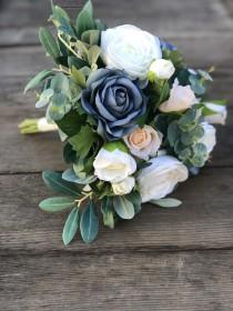 wedding photo - Wedding Bouquet Dusty Blue & Ivory Bridal Bouquet Mixed with Eucalyptus (medium)