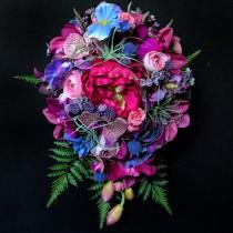 wedding photo - Jewel Toned Cascading Bridal Bouquet with Orchids, Peonies, Roses, and Ferns