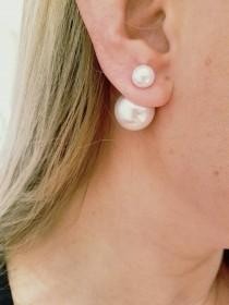 wedding photo - DOUBLE SIDED PEARL earrings Stud Bridesmaids Gift for Her Post Double bead ball earrings bridal jewelry Pearl Studs Gift ideas