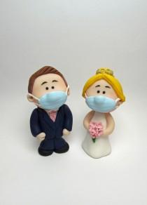 wedding photo - Quarantine themed MINI Wedding Cake Topper, Bride and Groom or Same Sex Couple wearing masks, Mini Novelty Cake Topper, Figurine