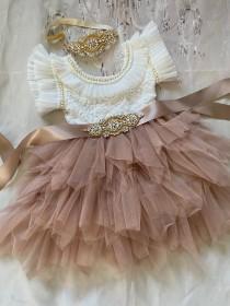 wedding photo - Flower girl dress,  white Lace top, tan skirt Baby  toddler dress,tulle tutu flower girl dress, holiday dress