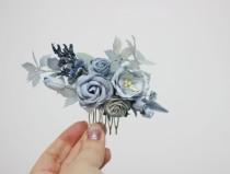 wedding photo - Dusty blue white hair comb Flower hairpiece  Floral headpiece Bridal flowers Flower accessories Bridesmaid comb Pale blue wedding