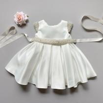 wedding photo - Top quality Baby/Girls Dull Satin dress with a detachable pearl sash! 