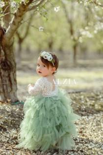 wedding photo - Sage Green Lace Flower Girl Dress ,  Scalloped Edges Back Party Dress for Girls
