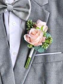 wedding photo - Pink Champagne Double Rose Eucalyptus Boutonniere 