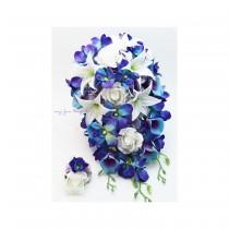 wedding photo - Galaxy Blue Orchids Tiger Lilies Real Touch Roses - Cascade Bridal Bouquet - Add Groom Boutonniere or Bridesmaid Bouquet Arch Flowers & More