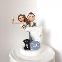wedding photo - Honeymoon Jitters with dog - bride and groom handmade Custom wedding cake topper , mr and mrs , personalized, game,champagne
