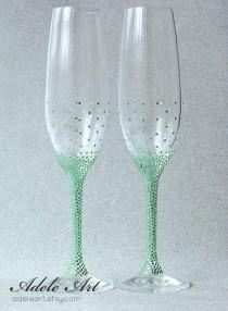 wedding photo - Green rginestones Pesronalized Champagne Wedding Flutes, Set of 2, Wedding glasses, toasting flutes personalized, Swarovski Crystals
