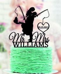 wedding photo - Fishing Wedding Cake Topper, Bride and Groom with fishing rod, Mr and Mrs Cake Topper, Personalized Cake Topper Wedding,  Hooked for Life