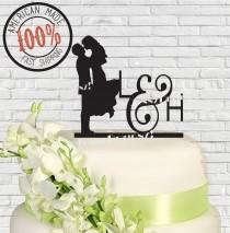 wedding photo - Silhouette Couple with Initials Wedding Cake Topper Made in USA