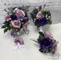 wedding photo - Wedding Bouquet, Bridal Bouquet, Bridesmaid Bouquet, 17 PIECE PACKAGE, Silk Flower, Wedding Flower, Purple, Dusty Lavender, Lily of Angeles