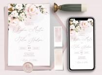 wedding photo - Wedding Invitation Template with Watercolor soft blush pink Flowers, Floral, Editable, Printable Invite For Home Printing, Wedding Invites