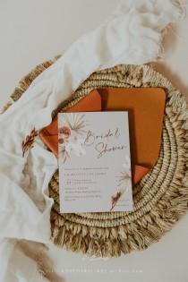 wedding photo - Burnt orange bridal shower invitations, editable bohemian bridal shower invites, pampas grass terracotta dried palm rust baby shower #135-7A