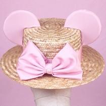 wedding photo - Pink BIg Bow Canotier Straw Hat with Mickey pearl