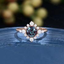 wedding photo - Cluster engagement ring rose gold Alexandrite engagement ring Vintage diamond halo bridal ring Anniversary gift for women