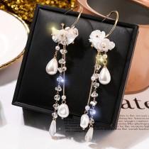 wedding photo - Korean Fashion Pendant Long Tassel Flower Pearl crystal dangle drop Earrings, wedding party fashion earrings, white flower drop earrings