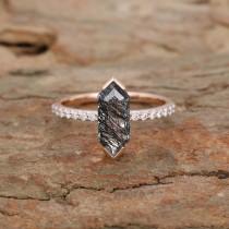 wedding photo - Hexagon black quartz engagement ring for women Vintage Rose gold Engagement ring half eternity diamond ring bridal Anniversary Promise gift