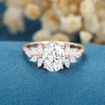wedding photo - Unique Moissanite engagement ring Oval cut rose gold vintage cluster engagement ring marquise Diamond wedding Bridal Promise gift for women