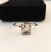 wedding photo - Black Rutile Quartz Solitaire Ring-Emerald Cut Black Rutilated Quartz Ring-Black Rutile Vintage Ring For Her-925 Solid Sterling Silver Ring