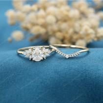 wedding photo - Pear shaped Moissanite engagement ring set vintage Yellow gold marquise cluster moissanite engagement ring Diamond wedding Promise gift