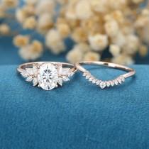 wedding photo - 2PCS Oval cut Moissanite engagement ring set vintage rose gold marquise cluster moissanite engagement ring Diamond wedding Promise gift