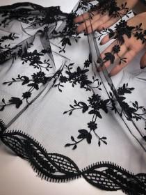 wedding photo - Black chapel veil in d shape form, black chapel veil with lace edge, floral Catholic veil