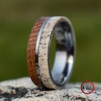 wedding photo - Whiskey Barrel and Deer Antler Ring with Tungsten Band, Mens Ring, Mens Wedding Band, Whiskey Barrel Ring, Deer Antler Ring