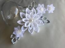 wedding photo - White Bridal Hair Clip - White Silver Grey Kanzashi Flower with Pearls - Wedding Hair Flowers Bridal Headpieces