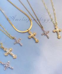 wedding photo - Gold FILLED Cross Necklace, Gold Rosary Cross, Dainty Crystal Cross, Religious Necklace, Unisex Cross, Birthday Gift