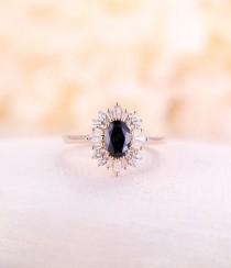 wedding photo - Vintage engagement ring Oval cut black onyx engagement ring rose gold halo diamond wedding  promise Anniversary Gift for
