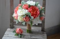 wedding photo - Rustic Coral Bridal Bouquets, Real Touch Peonies, Roses, Hydrangeas, Silk Wedding Bouquet, Groom Boutonniere, Lamb's ears