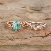 wedding photo - Emerald cut Moss Agate Engagement Ring set Rose gold Art deco Engagement Ring Marquise leaf Wedding ring Vintage Anniversary gift for her