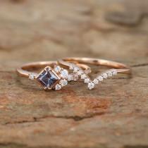 wedding photo - Princess cut Alexandrite Engagement Ring set cluster Rose gold Engagement Ring Unique vintage Wedding ring Anniversary promise Gift for her