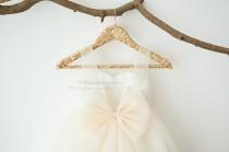 wedding photo - Beaded Lace V Back Champagne Tulle Wedding Flower Girl Dress M0084