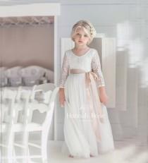wedding photo - Flower Girl Dress, Beautiful White Ivory Long Flowing Flower Girl Gowns, Boho Vintage Flower Girl Dresses, White Flower Girl Dress