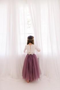 wedding photo - Lilac Purple Tulle Two Piece Skirt, White Lace Flower Girl Dress, Boho Beach Wedding, Buttons, Bohemian, Amethyst, Orchid, Mauve, Violet