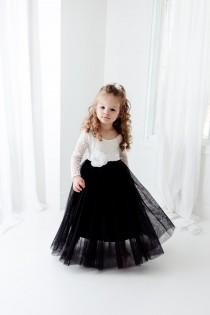 wedding photo - Black and White Flower Girl Dress, Black Tulle Long Sleeve Dress, White Boho Dresses