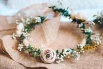 wedding photo - Whimsical Ivy Bridal Crown with Cream Peonies & Gypsohila (Baby's Breath) -Wedding Crown