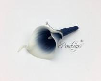 wedding photo - CHOOSE RIBBON COLOR - Real Touch Navy Blue Calla Lily Boutonniere, Calla Lily Boutonniere, Navy Blue Calla Lily Boutonniere, Groom, Wedding