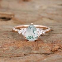 wedding photo - Unique Pear shaped Moss Agate Engagement Ring Vintage Rose gold Engagement Ring Marquise diamond Wedding Anniversary promise Gift for women