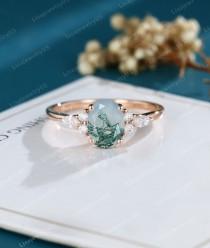 wedding photo - Oval Moss Agate engagement ring Rose gold vintage engagement ring Art deco Dainty marquise diamond unique wedding Bridal promise ring