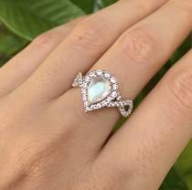 wedding photo - Teardrop Moonstone Infinity Engagement Ring- Genuine Rainbow Moonstone Promise Split Shank Ring- Moonstone Pear Halo Anniversary Ring